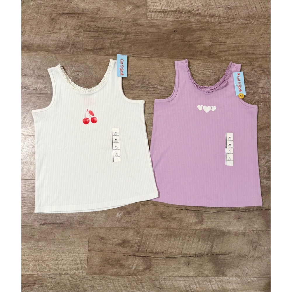 Cat & Jack Girls XL 14 Ribbed Tank Top Set Cherry Heart Lace Trim Cream Lavender
